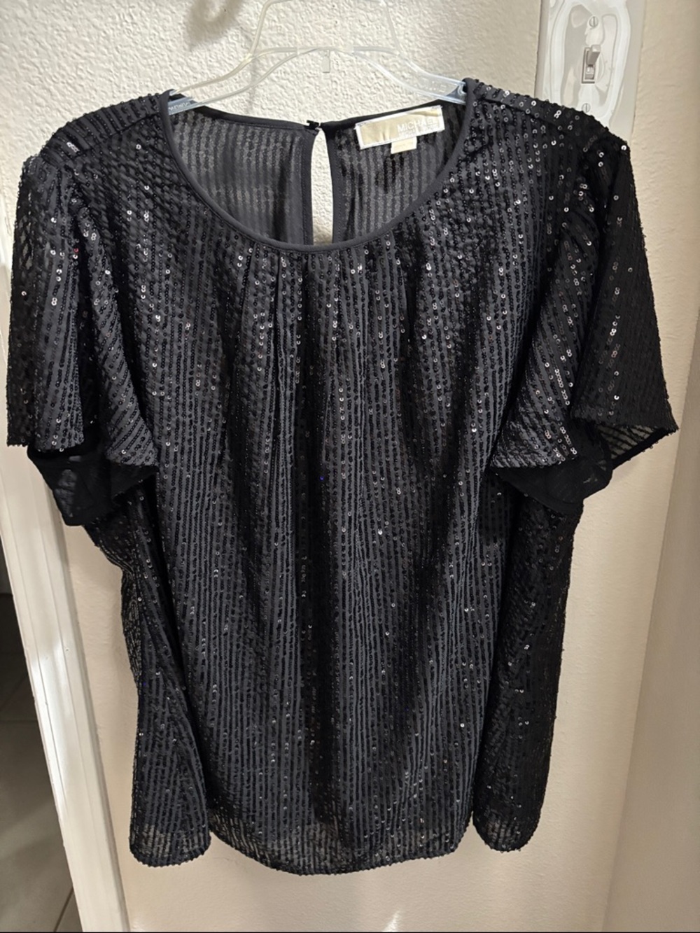 Michael Michael Kors Black Sequin Flutter Sleeve Top 1X